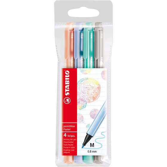 STABILO Pointmax Fineliner Assorted Pastel – 0.8mm Nylon Tip, Pack of 4