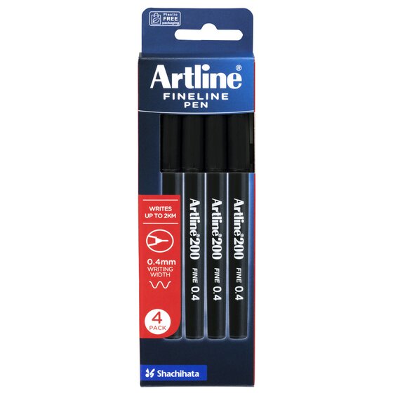 Artline 200 Fineliner Pen 0.4mm – Black, 4 Pack