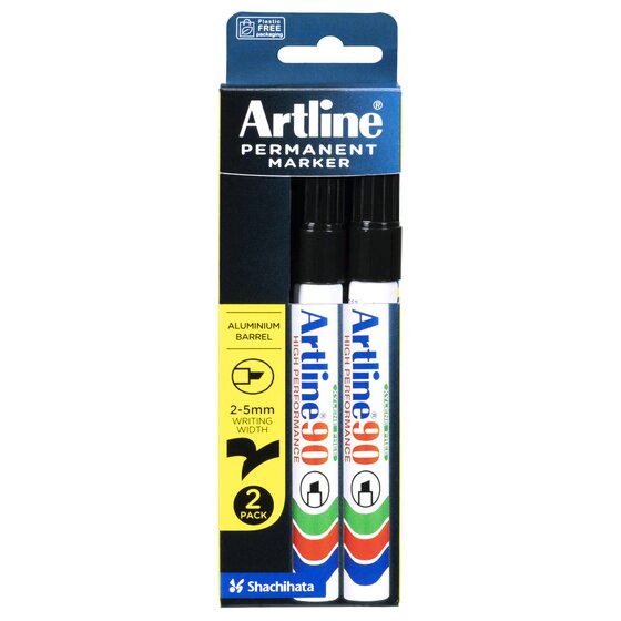 Artline 90 Permanent Marker – 5mm Chisel Nib, Black, 2 Pack