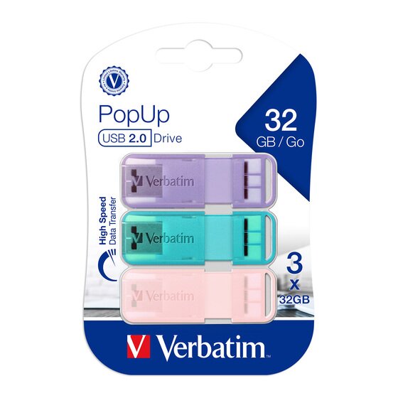 Verbatim PopUp 2.0 USB Drive – Triple Pack 32GB, Assorted Pastel Colours