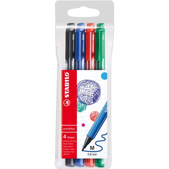 STABILO Pointmax Fineliner Assorted Core – 0.8mm Nylon Tip, Pack of 4