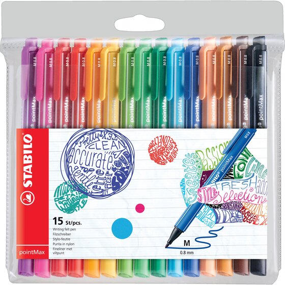 Stabilo Pointmax Fineliner Assorted – 15-Pack, 0.8mm Tip