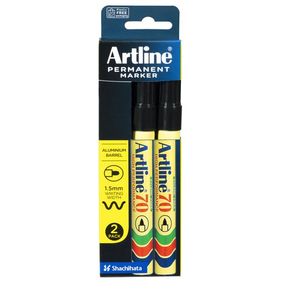 Artline 70 Permanent Marker – 1.5mm Bullet Nib, Black (2 Pack)