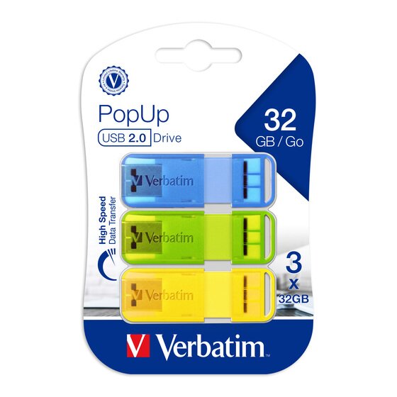 Verbatim PopUp 2.0 USB Drive – Triple Pack 32GB, Assorted Bright Colours