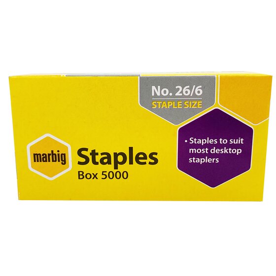 MARBIG Staples 26/6mm – Box of 5,000 | Standard Office Staples for Up to 25 Sheets