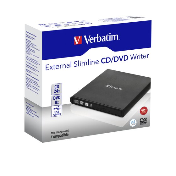 Verbatim External Slimline Mobile CD/DVD Writer – Black