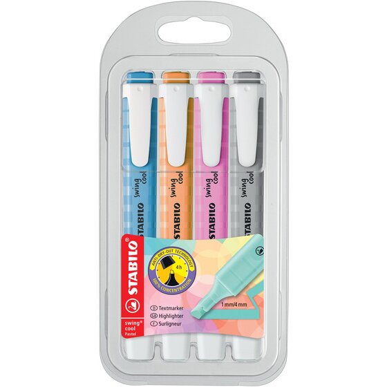 STABILO Swing Cool Pastel Highlighter – 4-Pack Wallet | Slim Chisel Tip, Anti-Dry-Out