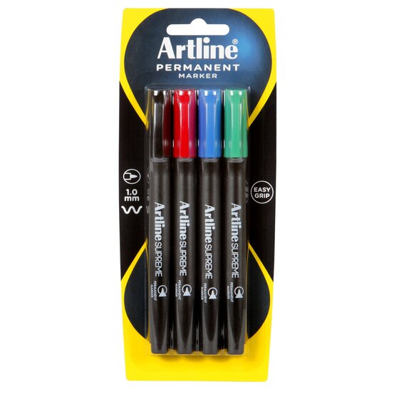 Artline Supreme Permanent Marker – Assorted 4 Pack | Antimicrobial Grip | Paper & Board