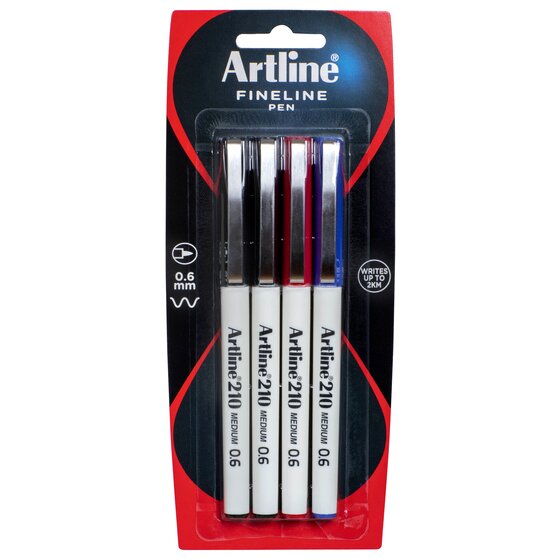 Artline 210 Fineliner Pen 0.6mm – Assorted 4-Pack | Bold Lines, Instant-Dry, Blur-Proof