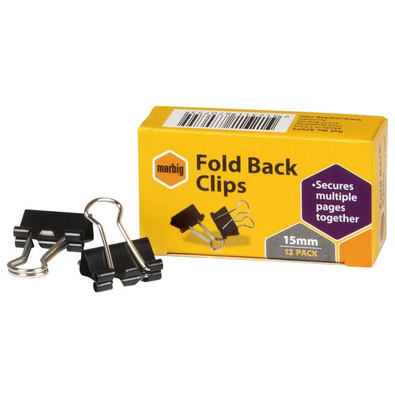 MARBIG Fold Back Clips 15mm – Box of 12 | Polystyrene Paper Fasteners