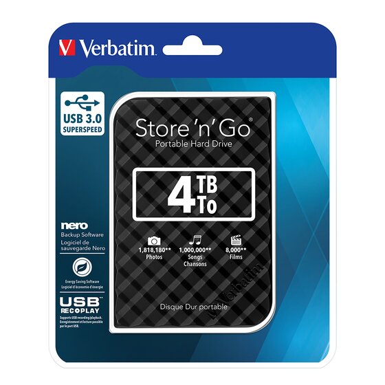 Verbatim Store 'n' Go 4TB Portable Hard Drive – USB 3.0 – Black