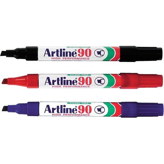Artline 90 Permanent Marker – 5mm Chisel Nib, Assorted Colours, 3 Pack