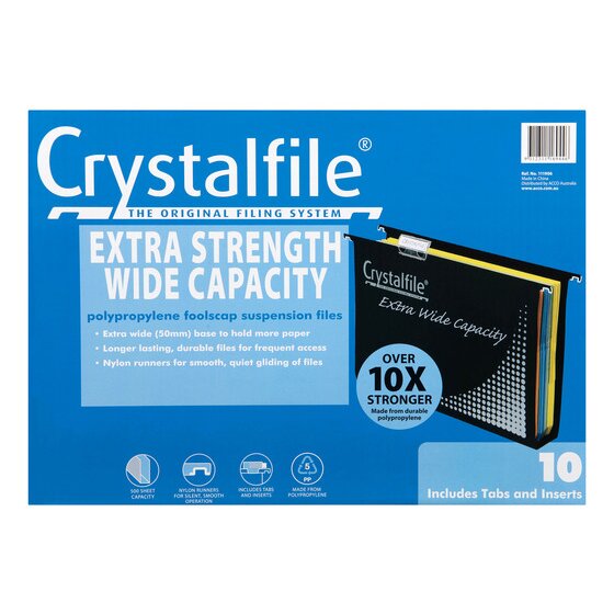 Crystalfile Extra Wide Suspension Files, Foolscap, Black, Pack of 10