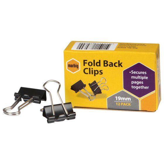 MARBIG Fold Back Clips 19mm – Box of 12 | Metal Paper Fasteners