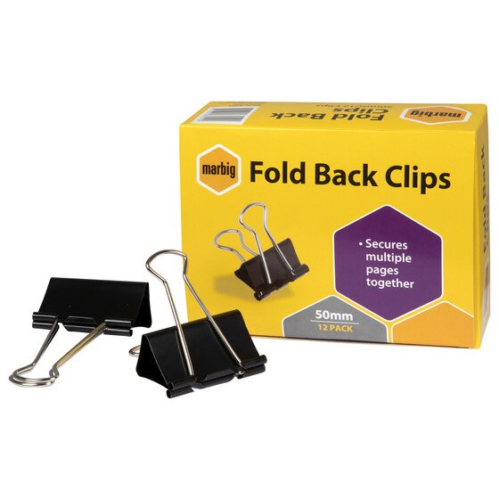 Marbig Fold Back Clips 50mm – Box of 12