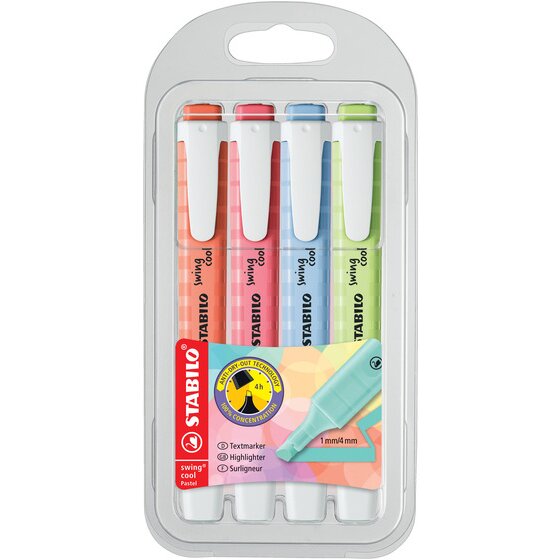 STABILO Swing Cool Pastel Highlighter – 4-Pack Wallet (Chisel Tip, Anti-Dry-Out)