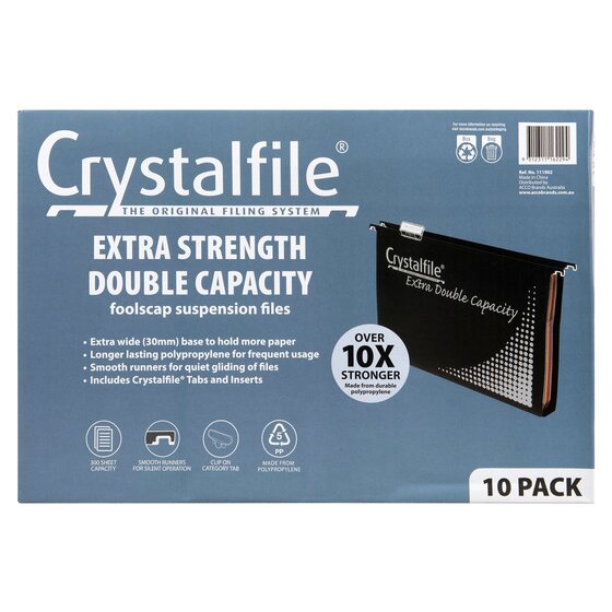 Crystalfile Extra Double Capacity Suspension Files | Foolscap | Black | Pack of 10