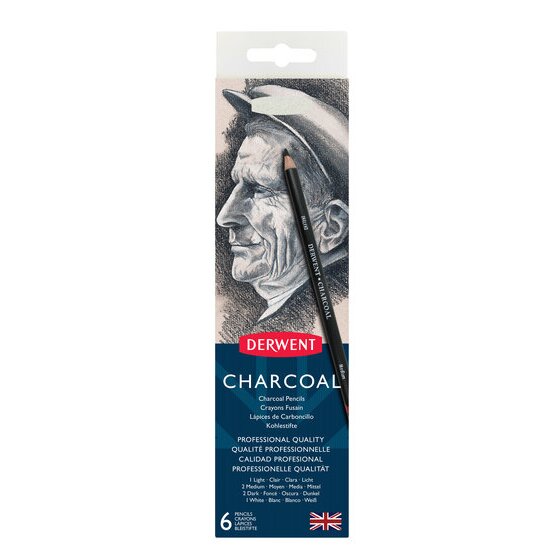 Derwent Charcoal Pencil Tin (6) – 5 Charcoal Pencils, White Pastel & Sharpener