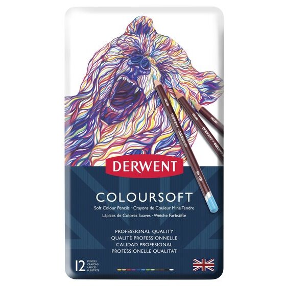 Derwent Coloursoft Pencil Tin – 12 Colours | Bold, Blendable Art Pencils