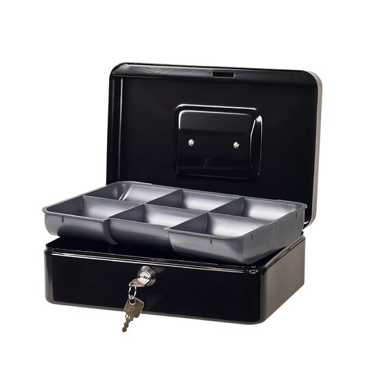 ESSELTE Classic Cash Box No.8 – Black | Steel Body, Foldable Handle, Partitioned Coin Tray