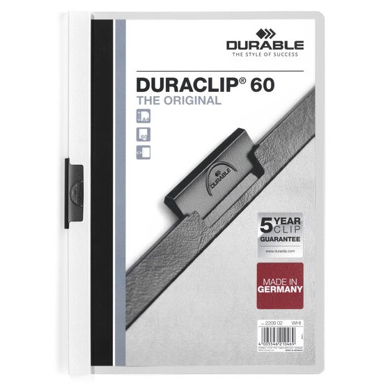 Durable Duraclip Document File – A4, 60 Sheets, White Spine, 5-Year Clip Guarantee