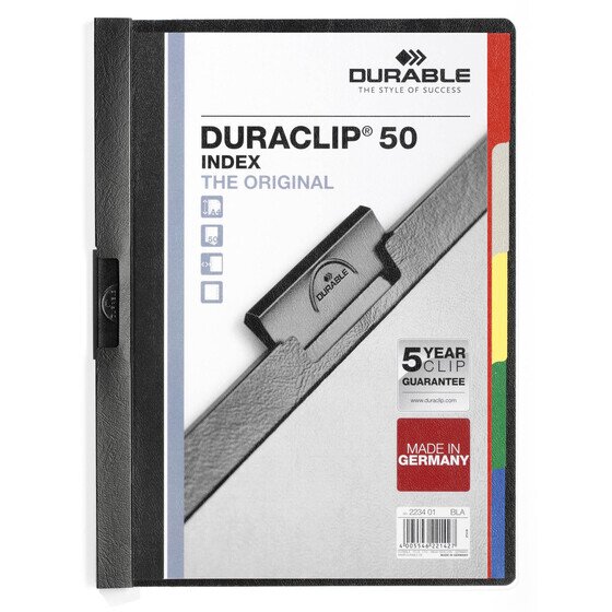 Durable Duraclip Index File A4 – 5 Tab, Black, No Punching Required