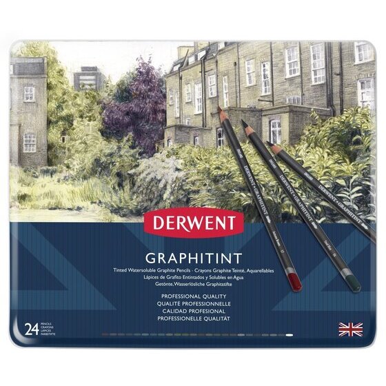 Derwent Graphitint Pencil Tin 24 – 24 Assorted Colour Pencils for Graphite Art