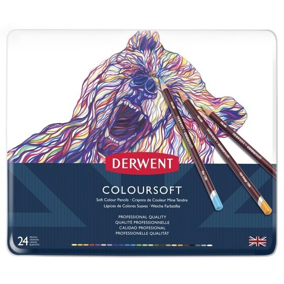 Derwent Coloursoft Pencil Tin – 24 Colours | Bold, Blendable Art Pencils
