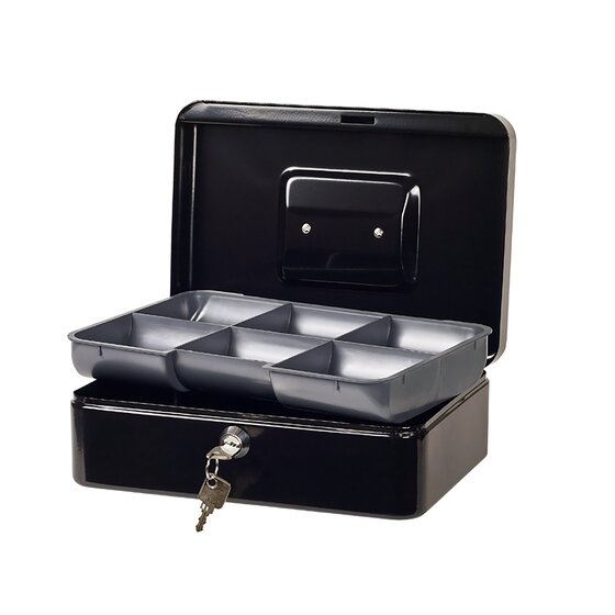 Esselte Classic Cash Box No.6 – Black Steel | Folding Handle, Coin Tray, 2 Keys