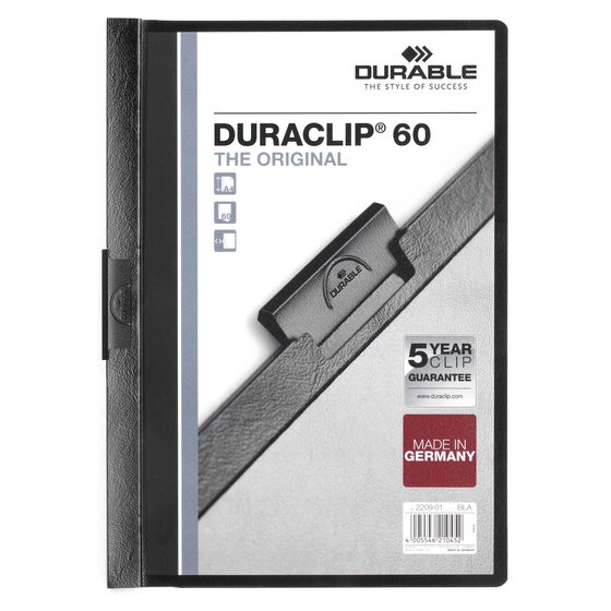 Durable Duraclip Document File – A4, 60 Sheets, Black Spine, 5-Year Clip Guarantee