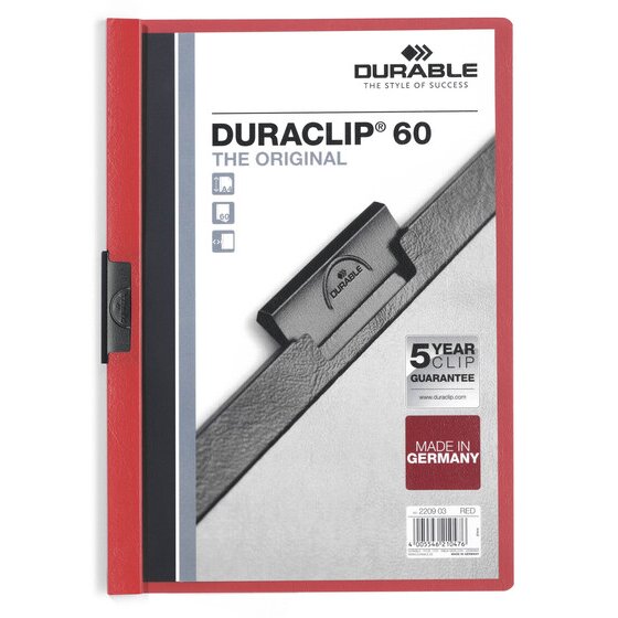 Durable Duraclip Document File A4 60 Sheet Red – No-Hole Clip, Transparent Cover, 5-Year Clip Guarantee