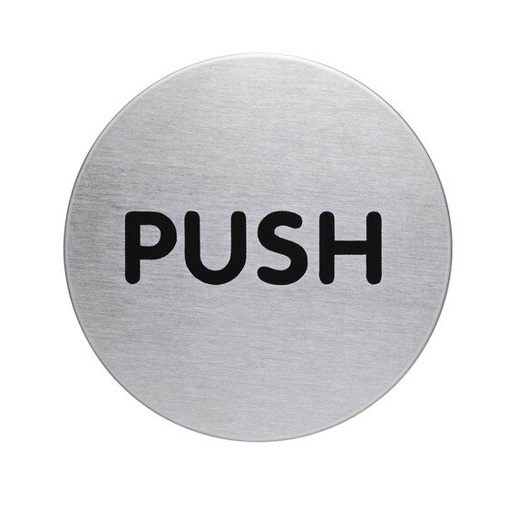 Durable Pictogram Push Sign 65mm Silver – Brushed Stainless Steel, Adhesive Mount, Pack of 1