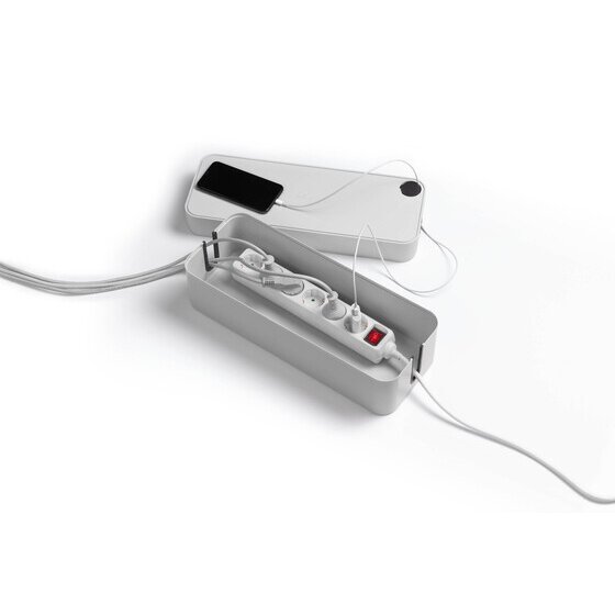 Durable CAVOLINE Cable Box 'L' – Grey | Rubberised Outlet Slots & Phone Charging Cover