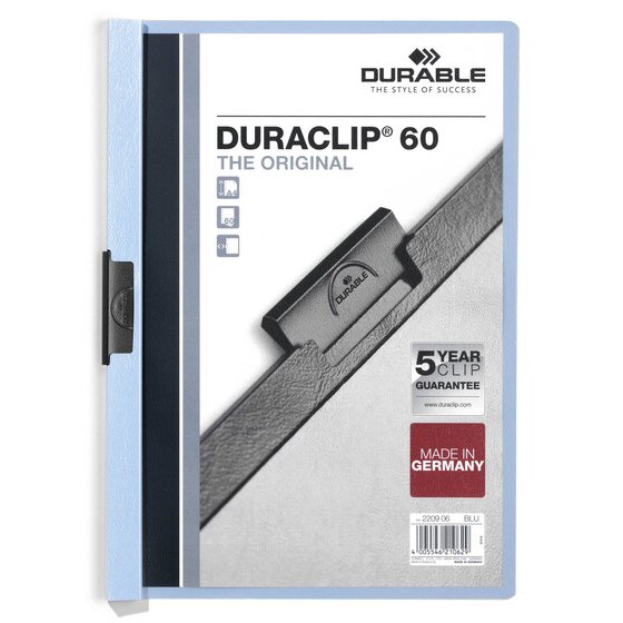 Durable Duraclip Document File A4 60 Sheet Blue – No-Hole Clip, Transparent Cover, 5-Year Clip Guarantee