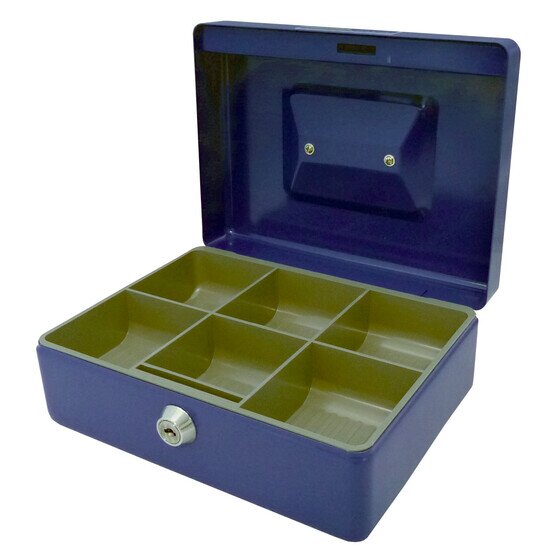 ESSELTE Classic Cash Box No.8 – Blue | Steel Body, Foldable Handle, Partitioned Coin Tray