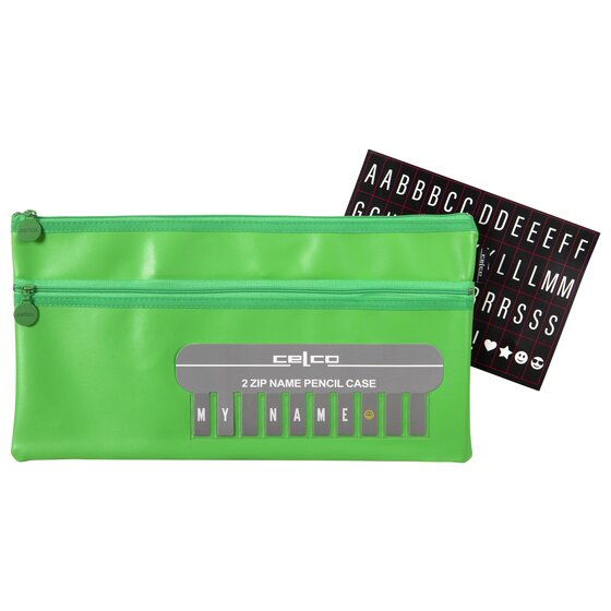 CELCO Pencil Case Green – 2-Zip Large with Name Card Pocket (350 × 180mm)