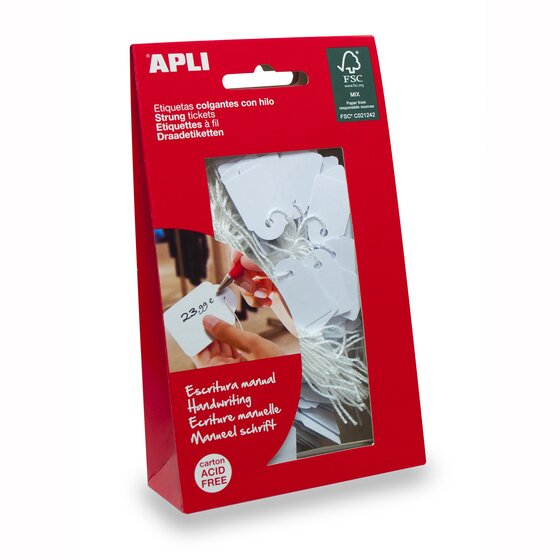 APLI Handwriting Strung Tickets – 22 x 35 mm White, Bag of 100