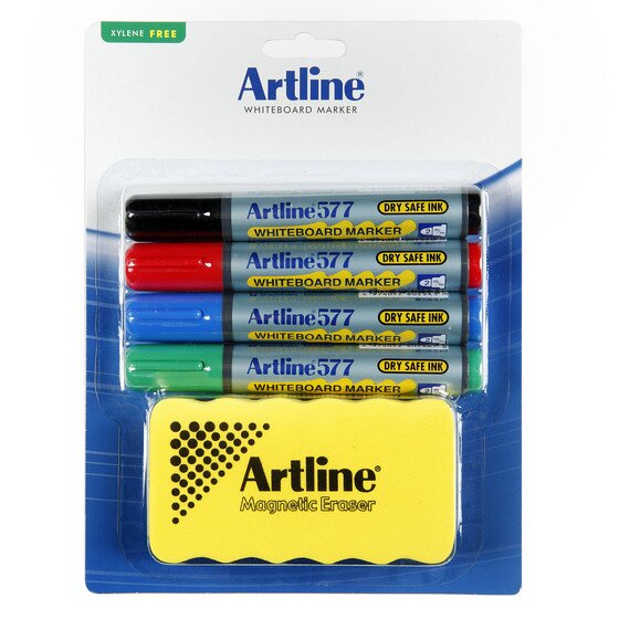 Artline 577 Whiteboard Marker Kit with Magnet Eraser – Dry-Safe Ink, Bold Low-Odour Colours