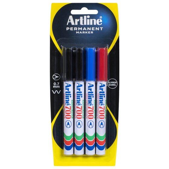 Artline 700 Permanent Marker – 0.7mm Bullet Nib, Assorted Colours, 4-Pack