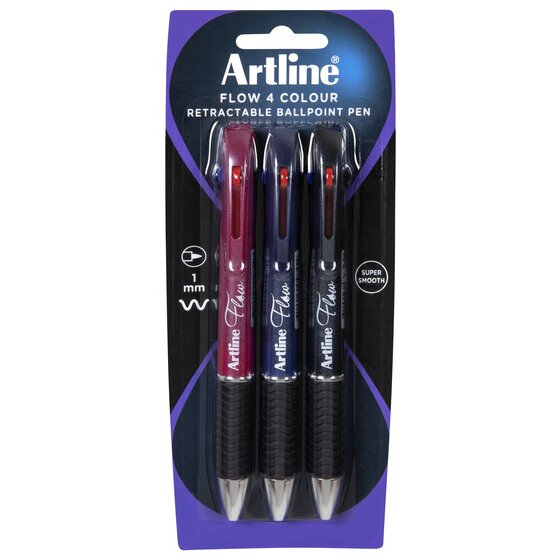 Artline FLOW 4C Retractable Gel Pen – 3 Pack Assorted Colours