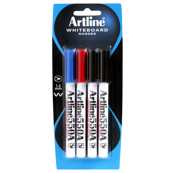 Artline 550A Whiteboard Marker – 1.2mm Bullet Nib, Assorted Colours (4 Pack)