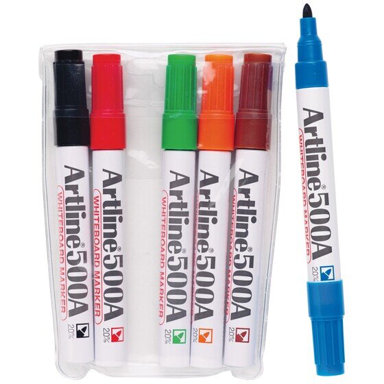 Artline 500A Whiteboard Marker – 2mm Bullet Nib, Assorted Colours, Wallet of 6