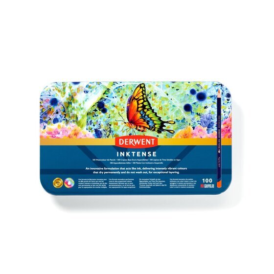 Derwent Inktense Pencil Tin – 100 Colours | Water-Soluble Ink Pencils