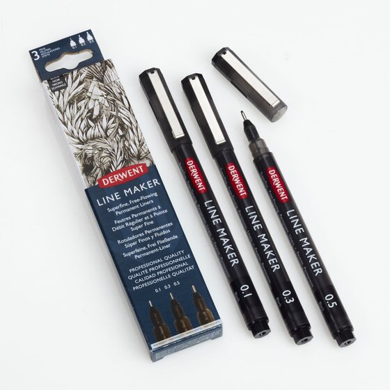 Derwent Line Marker Black – Pack of 3, Japanese Nib, Permanent Ink