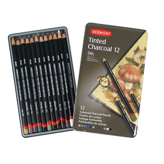 Derwent Tinted Charcoal Pencils – 12-Piece Assorted Colour Tin