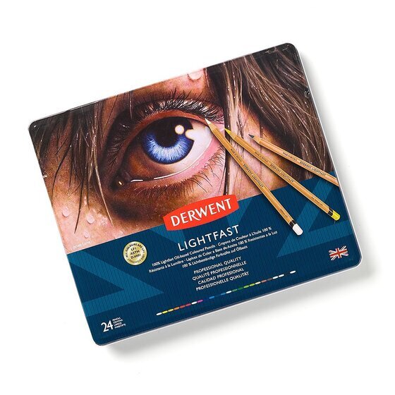 Derwent Lightfast Pencil Tin – 24 Colours | Oil-Based Core, 100-Year Lightfast