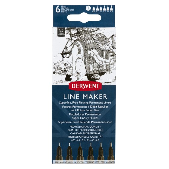 Derwent Line Maker Fineliner Black – Pack of 6, Permanent Pigment Ink