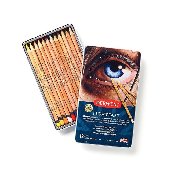 Derwent Lightfast Pencil Tin – 12 Colours | Oil-Based Core, 100-Year Lightfast