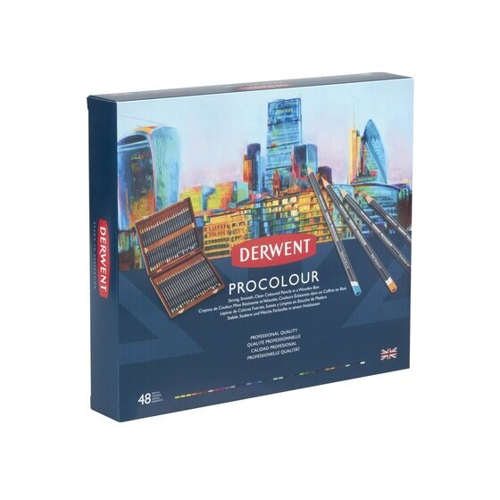 Derwent Procolour Pencil Wooden Box – 48 Assorted Colours, Round Barrel