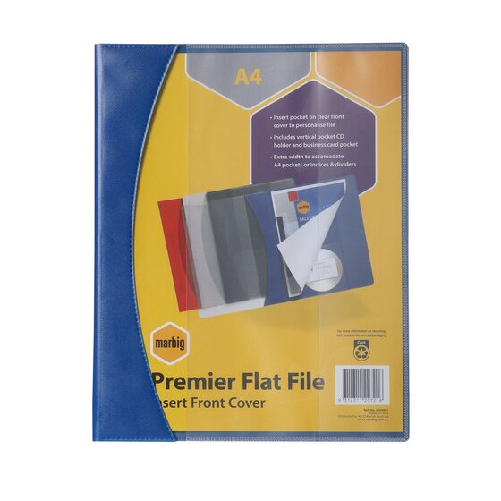 Marbig A4 Flat File with Insert Cover – Premier Blue | Two-Prong Fastener, Extra Width for Dividers
